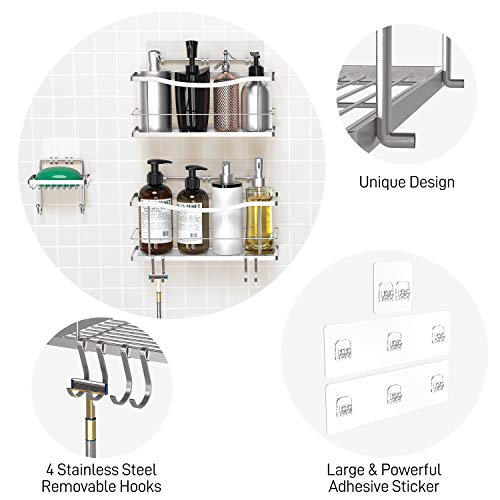 GeekDigg Shower Caddy, Shower Organizer with Soap Holder 3 Pack, Wall Mounted Stainless Steel Rustproof Drill-Free Self Adhesive Shower Shelves with Hooks for Bathroom & Kitchen (Silver)