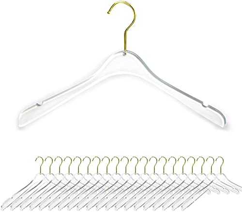 tonchean 20 Pack Quality Acrylic Clear Hangers Acrylic Crystal Clothes Hangers with Swivel Hook Gold Clear Hangers with Non-Slip Notches for Suit Coat Sweater Jacket Blouse Dress