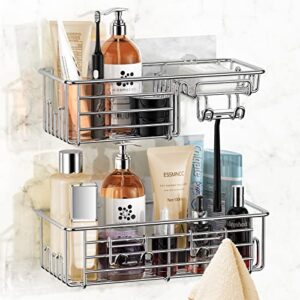 shower caddy shelf organizer storage: 2 pack adhesive wall shampoo holder with soap holder and hooks, stainless steel rustproof shower shelf for inside shower bathroom basket, no drilling - silver