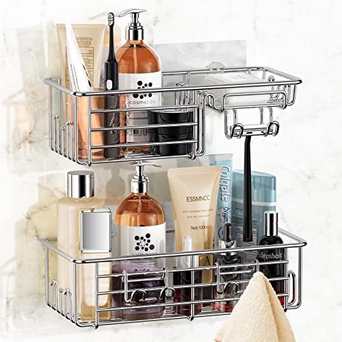 Shower Caddy Shelf Organizer Storage: 2 Pack Adhesive Wall Shampoo Holder with Soap Holder and Hooks, Stainless Steel Rustproof Shower Shelf for Inside Shower Bathroom Basket, No Drilling - Silver