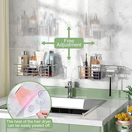 Shower Caddy Shelf Organizer Storage: 2 Pack Adhesive Wall Shampoo Holder with Soap Holder and Hooks, Stainless Steel Rustproof Shower Shelf for Inside Shower Bathroom Basket, No Drilling - Silver