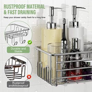 Shower Caddy Shelf Organizer Storage: 2 Pack Adhesive Wall Shampoo Holder with Soap Holder and Hooks, Stainless Steel Rustproof Shower Shelf for Inside Shower Bathroom Basket, No Drilling - Silver