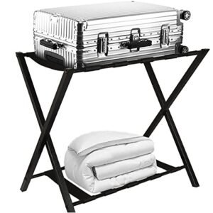 folding luggage rack suitcase stand with storage shelf for guest room bedroom hotel, black (1)