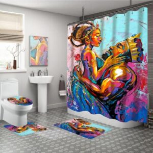 nmpptm 4 pcs sets king african american lovers couple colorful painting shower curtain with non-slip rugs, toilet lid cover and bath mat,durable waterproof shower curtain