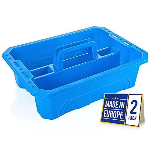 CANOPUS Storage Tray Tote with Functional Holes 2 PCs Plastic Cleaning Caddy with Handle, Portable Cleaners Caddy, Undersink Storage for Kitchen, Shoe Cleaning Box, Cleaning Products Organizer, Blue