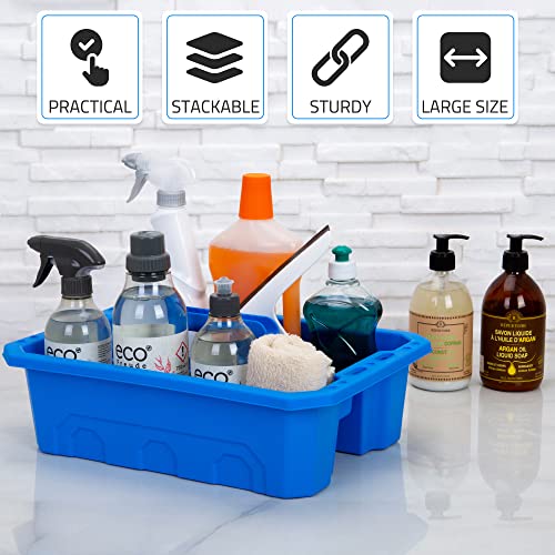 CANOPUS Storage Tray Tote with Functional Holes 2 PCs Plastic Cleaning Caddy with Handle, Portable Cleaners Caddy, Undersink Storage for Kitchen, Shoe Cleaning Box, Cleaning Products Organizer, Blue