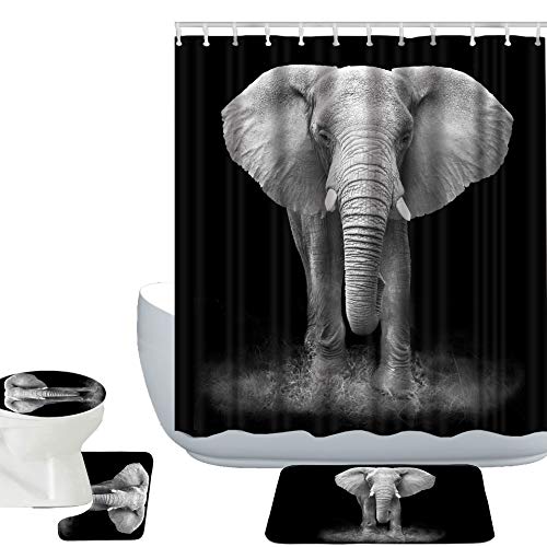 Amagical Elephant Art Black and White Photography 16 Piece Shower Curtain Set Bath Mat Set Non Slip Bathroom Mat Contour Rug Mat Toilet Cover Shower Curtain with 12 Hooks