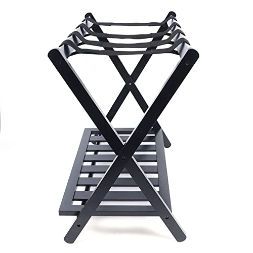 TBVECHI Luggage Rack, Household 2 Tier Black Luggage Storage Rack Folding Bedroom Storage Rack High-Grade Bamboo Wood Foldable Design Easy to Store Strong Load-Bearing Capacity for Home Hotel Use