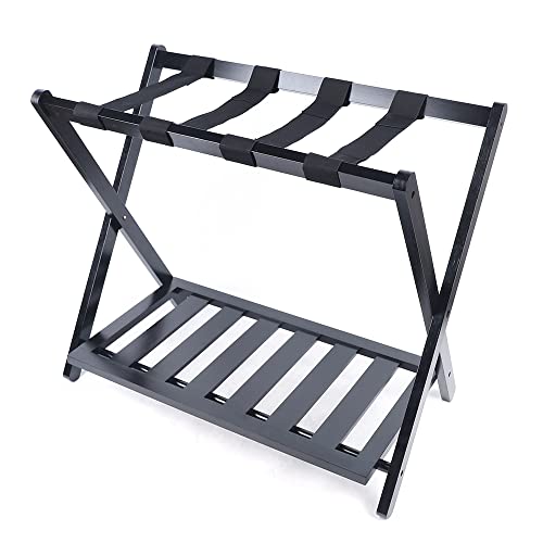 TBVECHI Luggage Rack, Household 2 Tier Black Luggage Storage Rack Folding Bedroom Storage Rack High-Grade Bamboo Wood Foldable Design Easy to Store Strong Load-Bearing Capacity for Home Hotel Use
