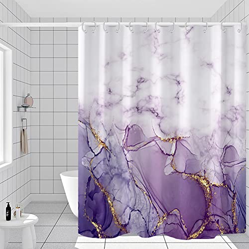 Uiiooazy Marble Bathroom Shower Curtain Purple Gold Fabric Shower Curtains with Hooks Watercolor Abstract Shower Curtain Liner 60x72 inches