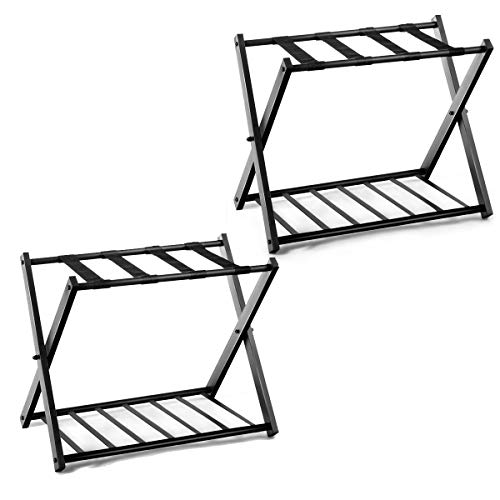 Safstar Folding Luggage Rack with Shoe Shelf, Metal Suitcase Stand, Portable Baggage Holder for Bedroom, Hotel, Guest Room, Black (Set of 2)