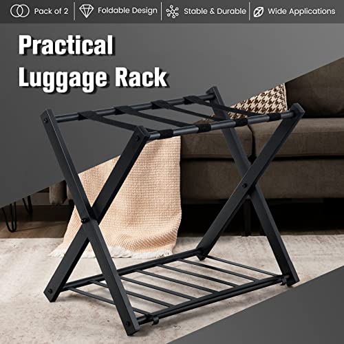 Safstar Folding Luggage Rack with Shoe Shelf, Metal Suitcase Stand, Portable Baggage Holder for Bedroom, Hotel, Guest Room, Black (Set of 2)