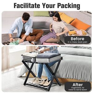 Safstar Folding Luggage Rack with Shoe Shelf, Metal Suitcase Stand, Portable Baggage Holder for Bedroom, Hotel, Guest Room, Black (Set of 2)