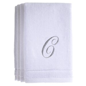 monogrammed towels fingertip, personalized gift, 11 x 18 inches - set of 4- silver embroidered towel - extra absorbent 100% cotton- soft velour finish - for bathroom/ kitchen/ spa- initial c (white)