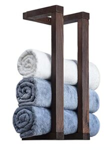 hulisen wooden towel rack for bathroom, 18.8 inch wall mounted towel holder with installation tool, decorative pine towel shelf for rolled towels organizer & blanket storage (brown)