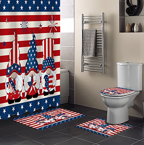 Comforance 4 Pcs Shower Curtain Set with Rug, Independence Day Star Bathroom Curtains Shower Set Toilet Mat Lid Rug Bathroom Sets Shower Curtain Sets with Hooks, Cute Gnomes Red Blue Stripes