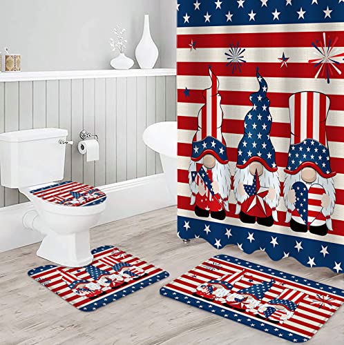 Comforance 4 Pcs Shower Curtain Set with Rug, Independence Day Star Bathroom Curtains Shower Set Toilet Mat Lid Rug Bathroom Sets Shower Curtain Sets with Hooks, Cute Gnomes Red Blue Stripes