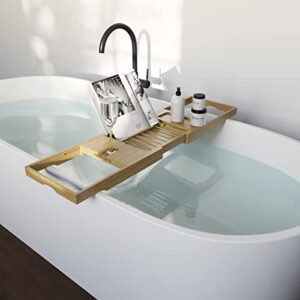 Home-Complete Acacia Bathtub Tray, Natural Wood Tray with Extended Sides,