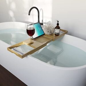 Home-Complete Acacia Bathtub Tray, Natural Wood Tray with Extended Sides,