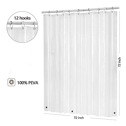 TIKABC Shower Curtain Liner, Clear Plastic Waterproof Bathroom 4G Shower Curtains, 72x72 inch Shower Liner with 3 Magnetic Weights and 12 Hooks(Clear)