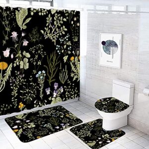 4 pcs black floral shower curtain sets,watercolor flower green leaves vintage herbal plant wildflower 70"x 70" bathroom curtain with 12 hooks,29.5"x 17.8" bath mat,toilet seat cover, u-shaped toilet