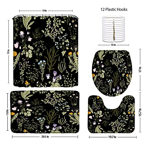 4 Pcs Black Floral Shower Curtain Sets,Watercolor Flower Green Leaves Vintage Herbal Plant Wildflower 70"x 70" Bathroom Curtain with 12 Hooks,29.5"x 17.8" Bath Mat,Toilet Seat Cover, U-Shaped Toilet
