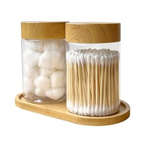 homesweet qtip holder bathroom set, 2 bathroom jars with tray, 11oz plastic airtight jars perfect for family with kids, moisture-proof, bamboo tray with non-slip pads, wood color