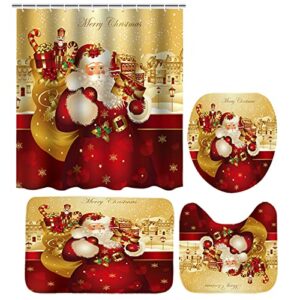 christmas shower curtain set for bathroom decorations,4 pcs xmas element waterproof tub curtains with bath rugs, washable non-slip mat,toilet cover and hooks for holiday inside outside decor (a42)