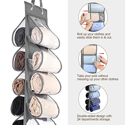 PITCH + PULSE Legging Storage Organizer, 24 Roll Independent Clear Compartments Hanging Closet Organizers and Storage for Clothes, Foldable Space Saving Bags