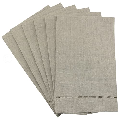 CleverDelights Natural Linen Hemstitched Hand Towels - 6 Pack - 14" x 22" - 100% Linen