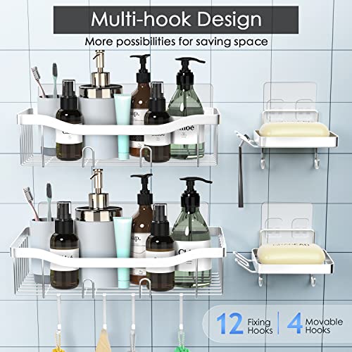 JONYJ Shower Caddy, 2-Pack Adhesive Shower Organizer with 2 Soap Dishes and 16 Hooks,Shower Shelf for Bedroom, Living Room, Bathroom, Kitchen, Silver