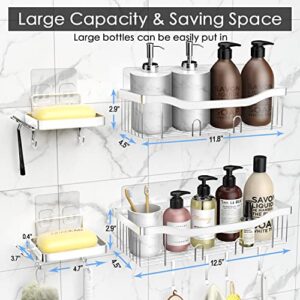 JONYJ Shower Caddy, 2-Pack Adhesive Shower Organizer with 2 Soap Dishes and 16 Hooks,Shower Shelf for Bedroom, Living Room, Bathroom, Kitchen, Silver