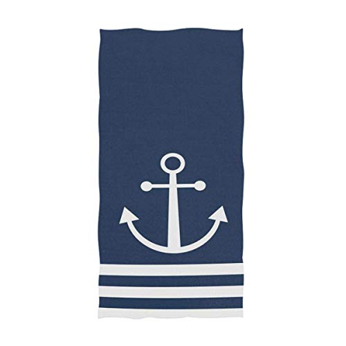 Naanle Nautical White Stripe Anchor Navy Blue Highly Absorbent Soft Large Decorative Guest Hand Towel for Bathroom, Hotel, Gym and Spa (16 x 30 Inches)