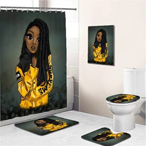 timyca black african girl bathroom sets with shower curtains and rugs, toilet lid cover, bath mat, inspirational quote african shower curtain set with hooks, waterproof bathroom shower curtain sets