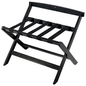 akvombi luggage rack with back, black suitcase stand for guest room, folding luggage stand with storage shelf for bedroom, hotel, nylon straps, wood
