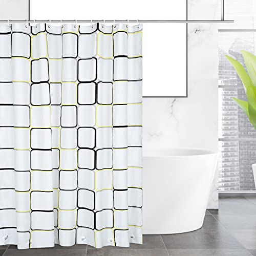 OTraki 72 x 78 inch Long Shower Curtain, PEVA Shower Curtain Liner with 12 Plastic Hooks Waterproof Shower Curtain for Bathroom with 6 Magnetic Weights(White Yellow Check)