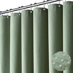 dynamene sage green shower curtain - waffle textured heavy duty thick fabric shower curtains for bathroom, 256gsm luxury weighted polyester cloth bath curtain set with 12 plastic hooks，72wx72h,green