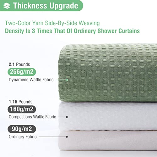 Dynamene Sage Green Shower Curtain - Waffle Textured Heavy Duty Thick Fabric Shower Curtains for Bathroom, 256GSM Luxury Weighted Polyester Cloth Bath Curtain Set with 12 Plastic Hooks，72Wx72H,Green