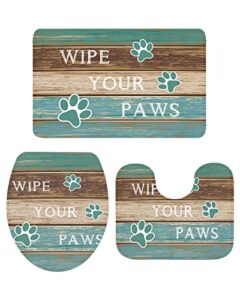 teal turquoise bathroom rugs mat sets 3 piece, bath shower rugs with u-shaped contour toilet mat, ristic farmhouse brown paw prints large absorbent bathtub runner rugs floor mats
