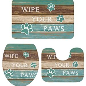 Teal Turquoise Bathroom Rugs Mat Sets 3 Piece, Bath Shower Rugs with U-Shaped Contour Toilet Mat, Ristic Farmhouse Brown Paw Prints Large Absorbent Bathtub Runner Rugs Floor Mats