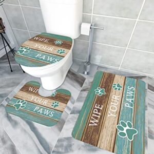 Teal Turquoise Bathroom Rugs Mat Sets 3 Piece, Bath Shower Rugs with U-Shaped Contour Toilet Mat, Ristic Farmhouse Brown Paw Prints Large Absorbent Bathtub Runner Rugs Floor Mats