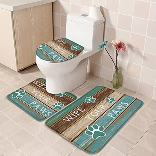 Teal Turquoise Bathroom Rugs Mat Sets 3 Piece, Bath Shower Rugs with U-Shaped Contour Toilet Mat, Ristic Farmhouse Brown Paw Prints Large Absorbent Bathtub Runner Rugs Floor Mats