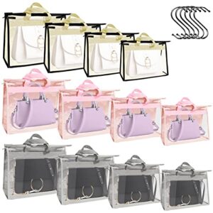 12 pack dust bags for handbags,clear handbag storage organizer with 12 hooks purse dust cover storage bag 4 sizes handbag protector bag for closet (gray+pink+yellow)