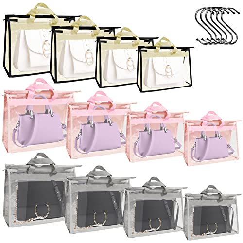 12 Pack Dust Bags for Handbags,Clear Handbag Storage Organizer with 12 Hooks Purse Dust Cover Storage Bag 4 Sizes Handbag Protector Bag for Closet (Gray+Pink+Yellow)