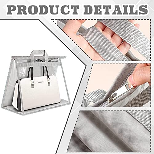 12 Pack Dust Bags for Handbags,Clear Handbag Storage Organizer with 12 Hooks Purse Dust Cover Storage Bag 4 Sizes Handbag Protector Bag for Closet (Gray+Pink+Yellow)