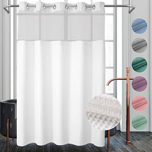 River Dream White Fabric Shower Curtain Set, Cotton Blend, Waffle Weave, with Snap in Replacement Liner，71 x 74 inches