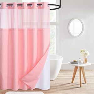 WPM No Hooks Required Shower Curtain with Snap-in Liner Waffle Weave Design, Hotel Grade Style Waterproof & Washable, Mesh top Window Easy Snaphook Bathroom Pink Curtains (72"X74" W/Liner, Blush Pink)