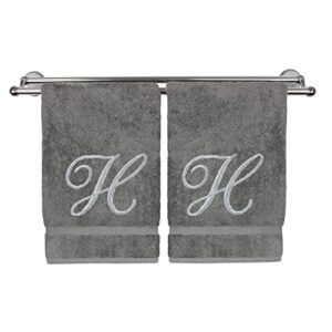 Monogrammed Washcloth Towel, Personalized Gift, 13x13 Inches - Set of 2 - Silver Script Embroidered Towel - Extra Absorbent 100% Turkish Cotton - Soft Terry Finish - Initial H Gray