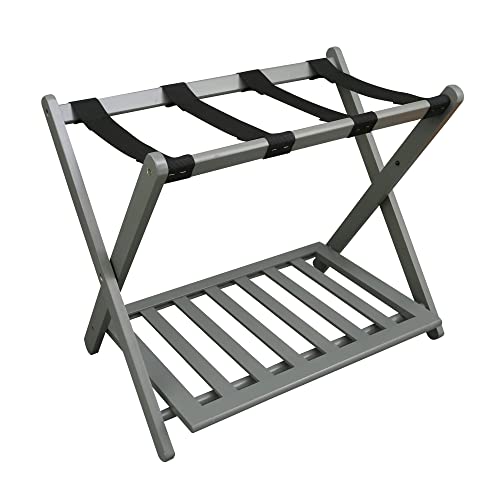 Casual Home Hotel Style Solid Pine Wooden Folding Luggage Rack with Bottom Shoe Storage Shelf for House Guests or Travel, Gray