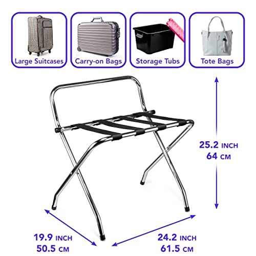 USTECH Single Tier X-Shape Folding Luggage Rack with High Back | Durable Metal Stand & Heavy-Duty Nylon Straps for Guest Room Storage & Suitcase Holder | Perfect for Bedroom & Closet